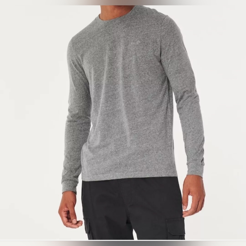 Hollister T-Shirt Men's Long Sleeve Crew Neck Tee Icon Gray Large NEW